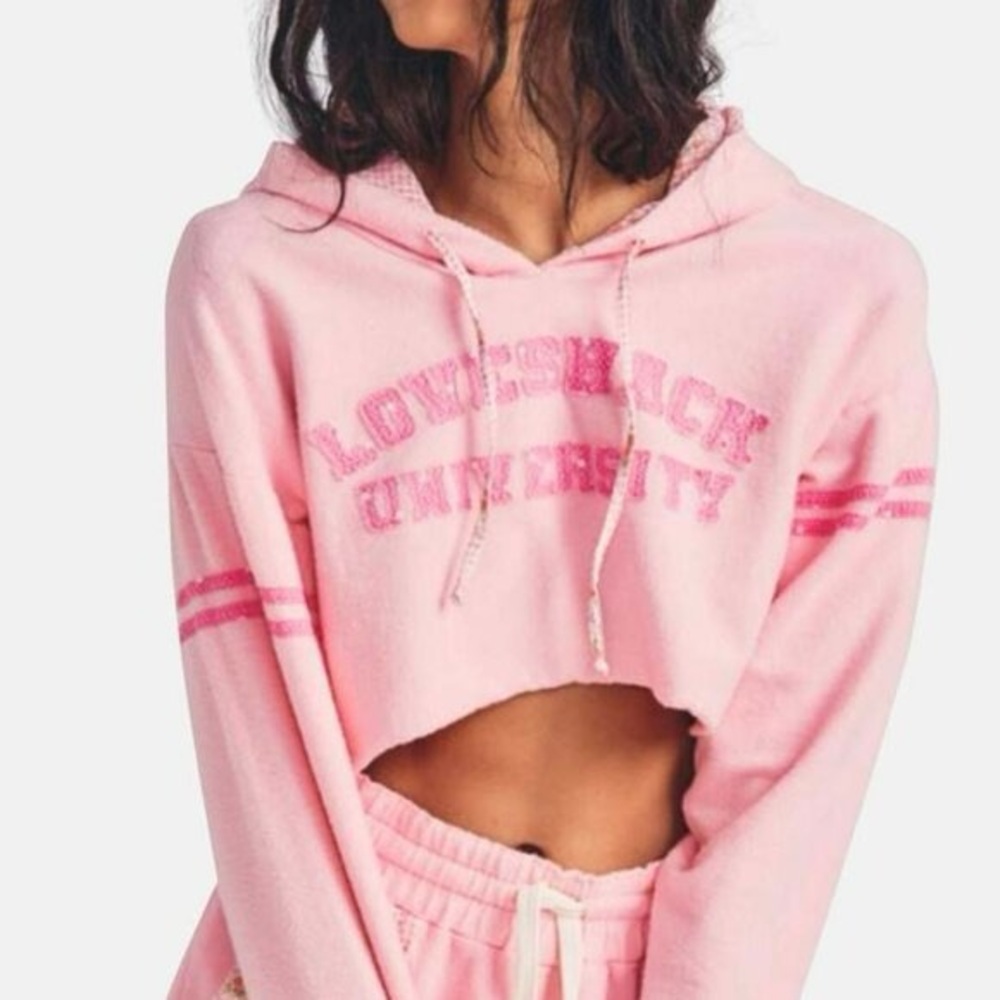 LoveShackFancy University Crop Candy Pink Hoodie